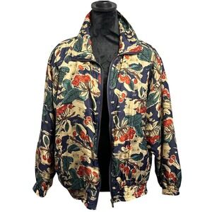 EVR Silk Bomber Jacket L Petite Navy Blue Cherry Print Vintage 90s Windbreaker